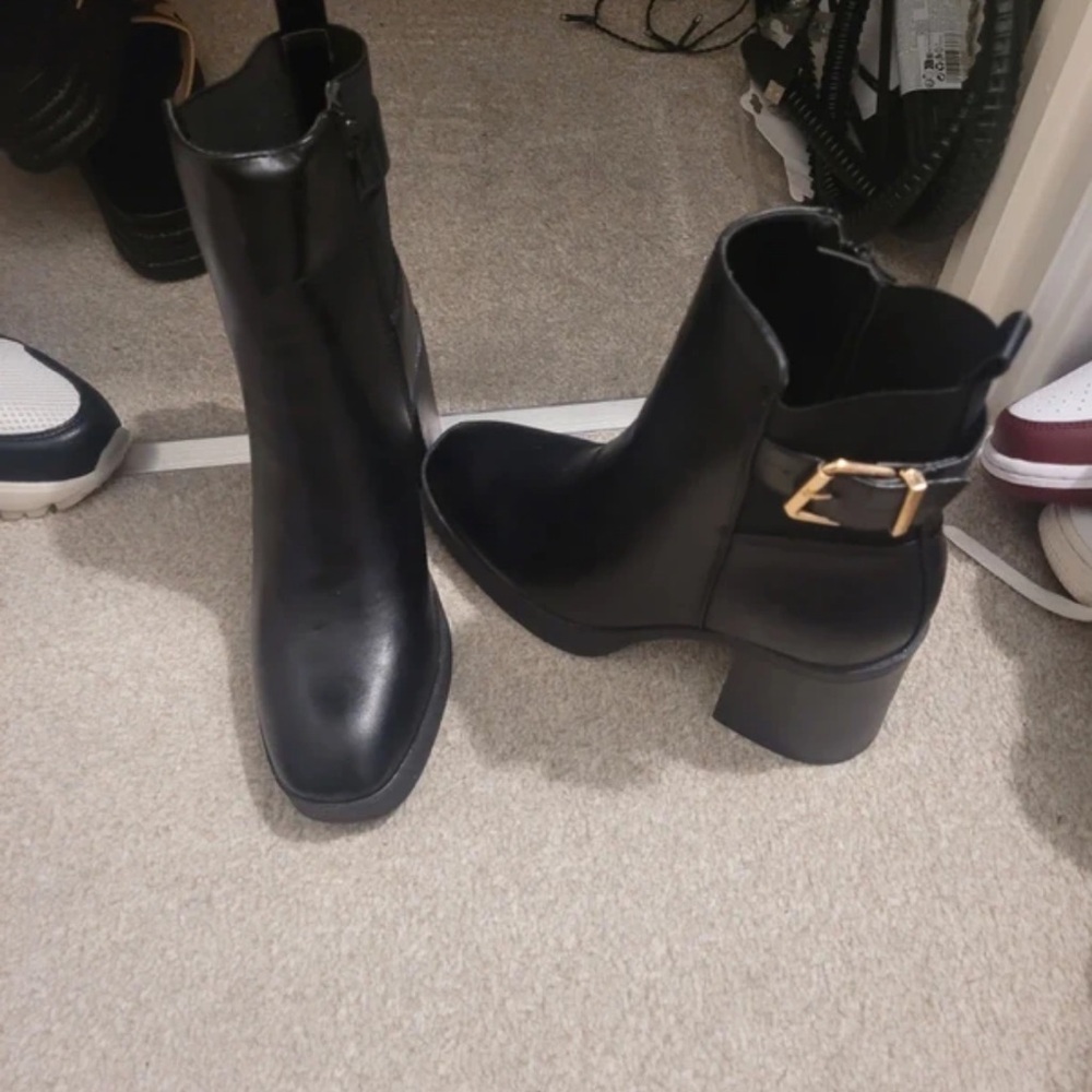 New Look Black Boots with Gold Buckle